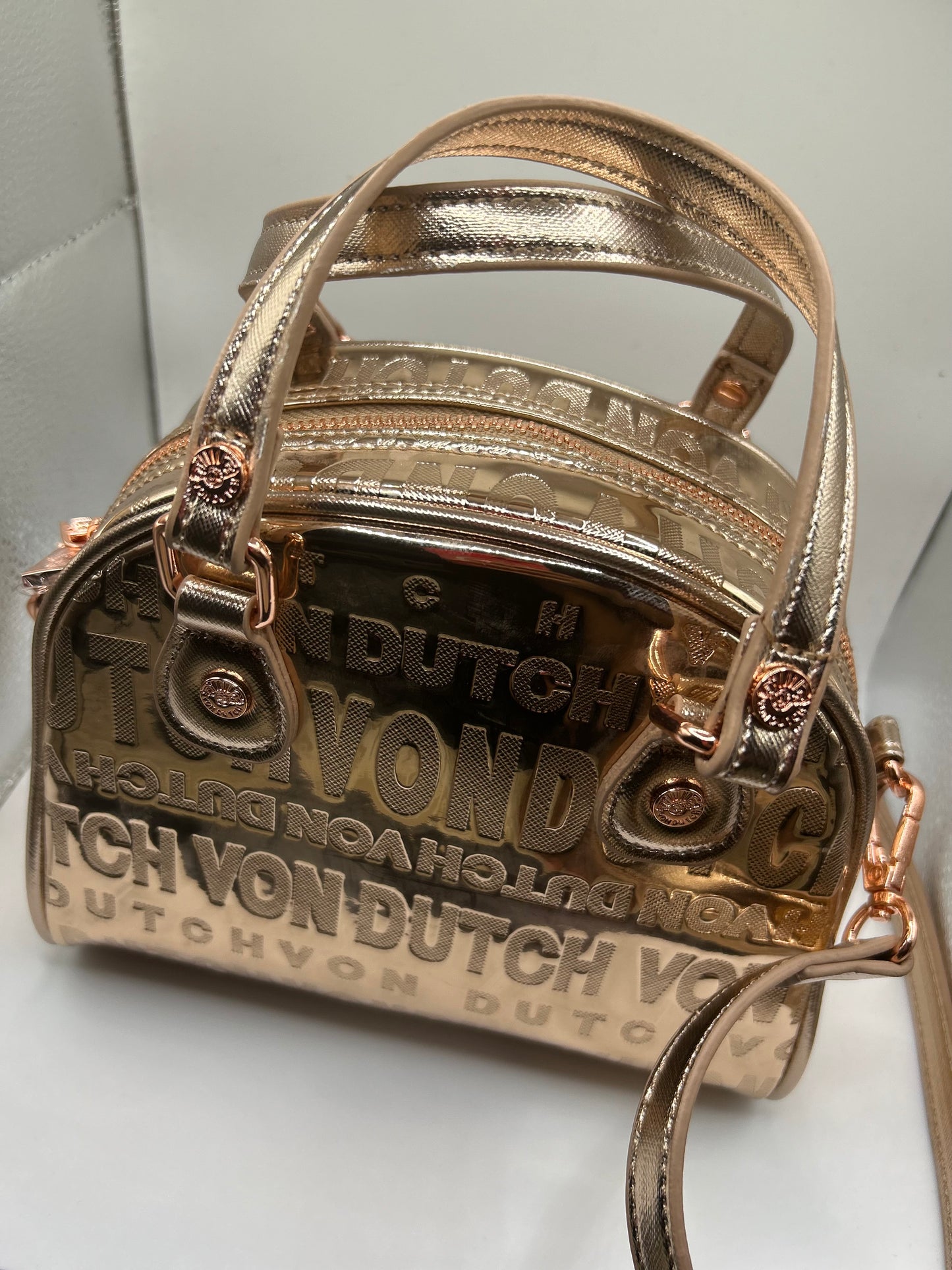 Genuine Von Dutch Rose Gold Metallic Bowling Bag Purse – Celebrity-Approved Style