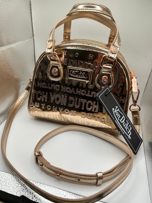 Genuine Von Dutch Rose Gold Metallic Bowling Bag Purse – Celebrity-Approved Style